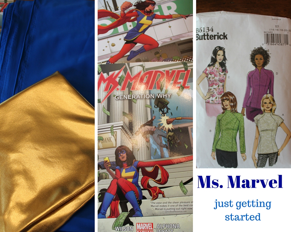 Blue and gold fabric, Ms. Marvel Comics, Butterick Pattern