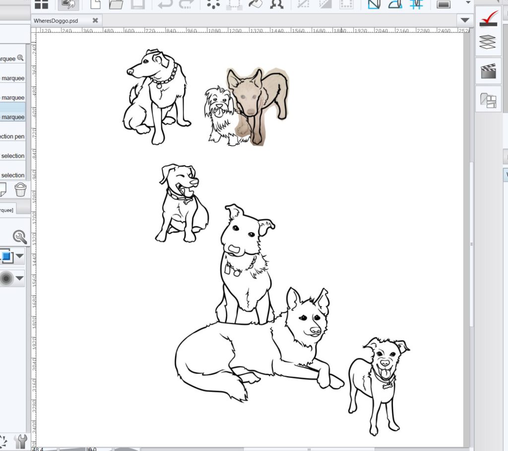 Sketch of 7 dogs in Manga Studio